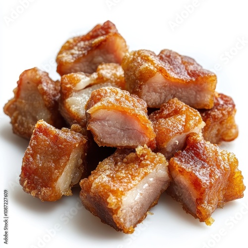 A serving of deep-fried pork belly bites with crispy skin, detailed and crunchy, isolated on white background photo