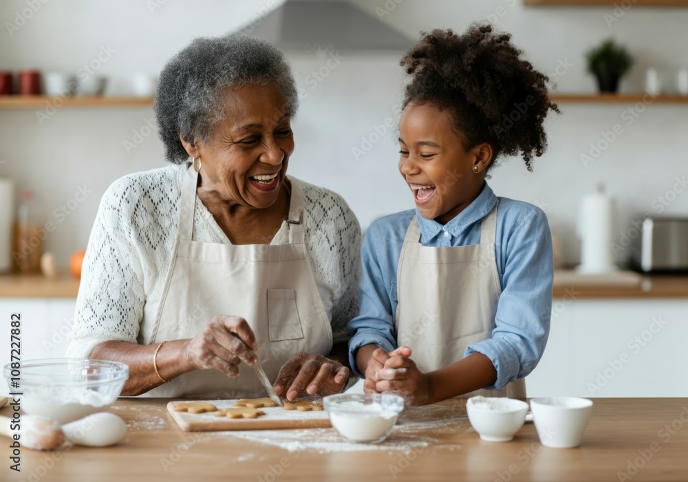 Happy grandmother and granddaughter laughing and making cookies together in a modern kitchen Happy grandmother and granddaughter laughing and making cookies together in a modern kitchen
