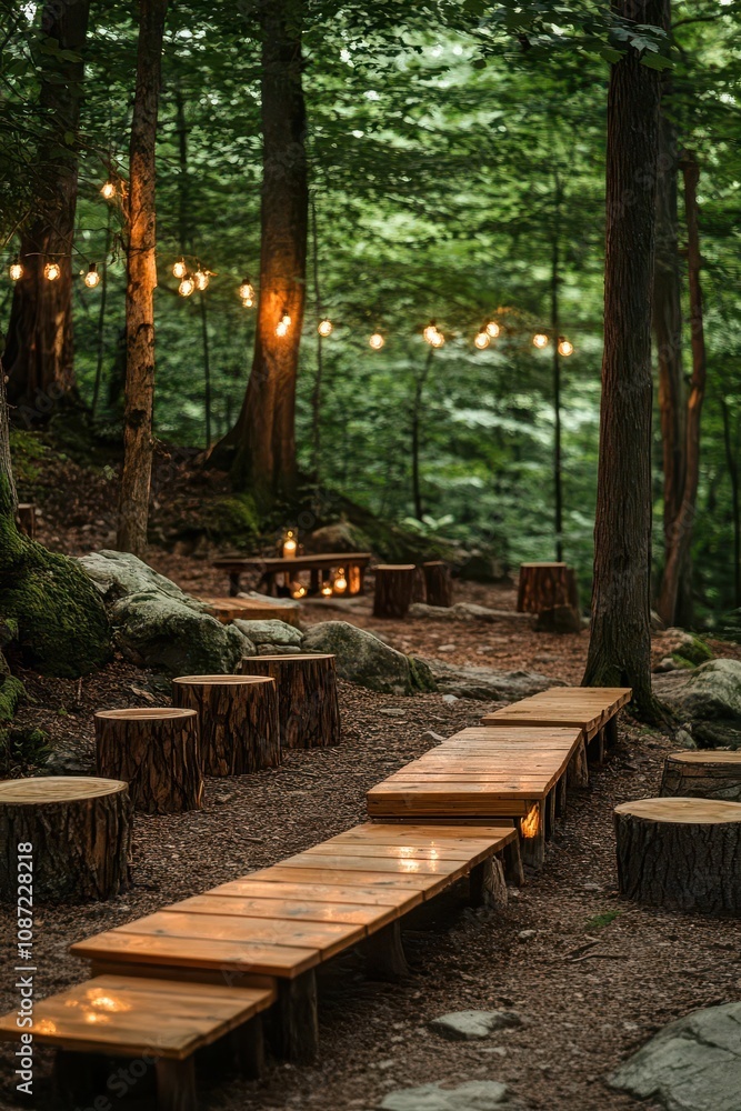 a forest wedding venue with wooden benches and lights, enchanting and rustic, isolated on white background a forest wedding venue with wooden benches and lights, enchanting and rustic, isolated on white background