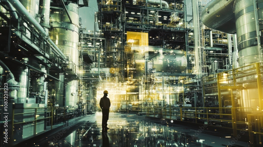 A silhouette of a worker in a high-tech industrial facility with glowing machinery. A silhouette of a worker in a high-tech industrial facility with glowing machinery.
