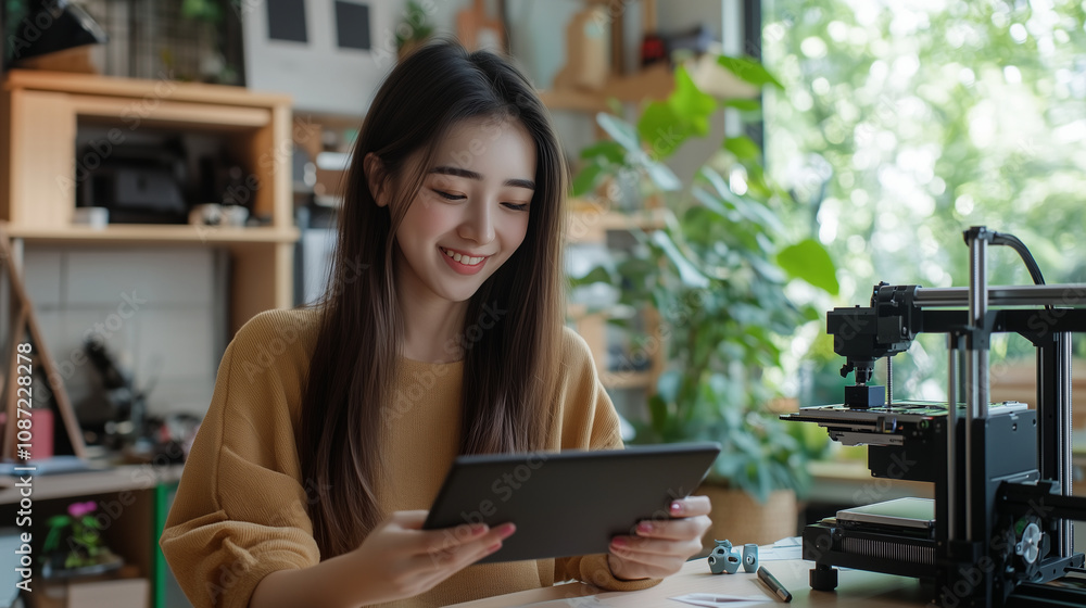 Surrounded by her design tools, a young designer smiles while using a tablet to work on a 3D project, the printer humming beside her in a well-lit home studio. Surrounded by her design tools, a young designer smiles while using a tablet to work on a 3D project, the printer humming beside her in a well-lit home studio.
