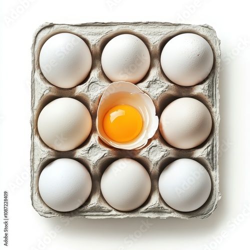 A half dozen eggs in a tray with one cracked open, showing yolk and white, isolated on white background photo