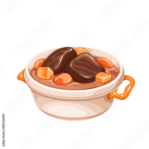 Boeuf Bourguignon, cartoon French traditional recipe of beef stew. Meat and carrot braised in sauce with wine. Cuisine of France mascot, cartoon bowl of cooked hot beef gravy vector illustration