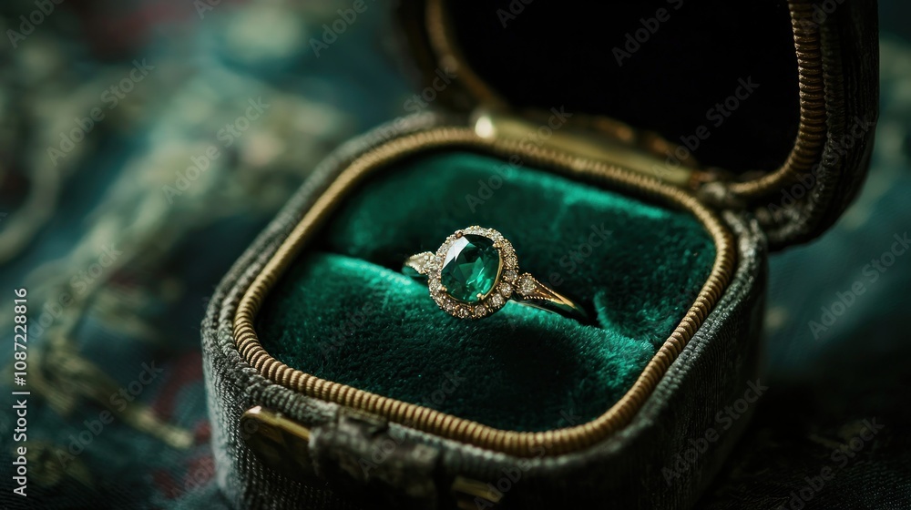 An emerald ring resting in a velvet box, ready for a special moment like an engagement or anniversary celebration An emerald ring resting in a velvet box, ready for a special moment like an engagement or anniversary celebration