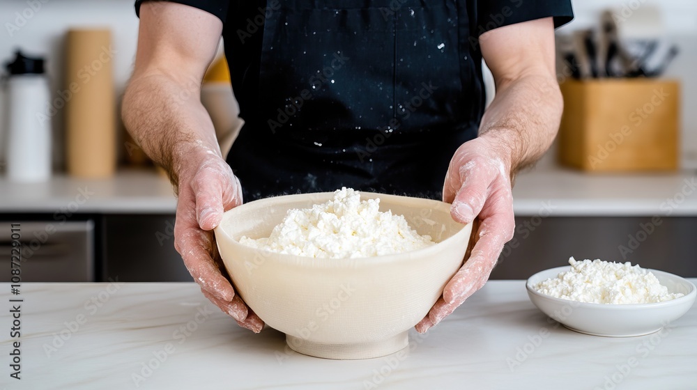 Fototapeta premium A person holds a large bowl filled with a fluffy mixture, likely in a kitchen setting, conveying a sense of cooking or baking activity.