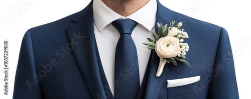 a groom s dark blue suit with boutonniere, stylish and contemporary, isolated on white background photo