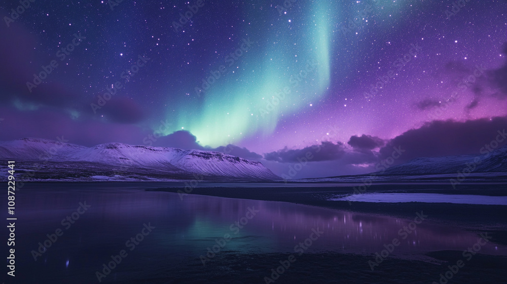 Witness the stunning northern lights over a tranquil lake in Iceland during a clear winter night Witness the stunning northern lights over a tranquil lake in Iceland during a clear winter night