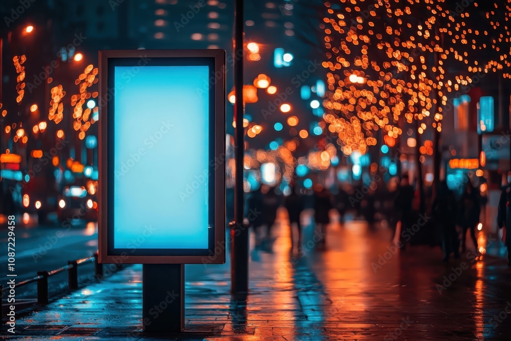 Illuminated empty white billboard standing out on a busy street at night urban landscape digital display concept Illuminated empty white billboard standing out on a busy street at night urban landscape digital display concept