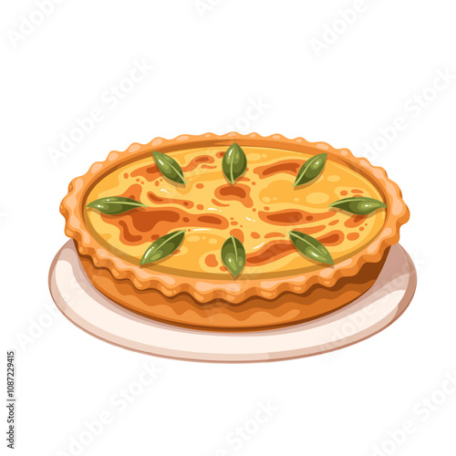 Quiche Lorraine, French cartoon recipe of savory pie. Plate of tart with baked pastry crust, bacon ham, egg and cream filling. Cuisine of France mascot, cartoon classic quiche vector illustration