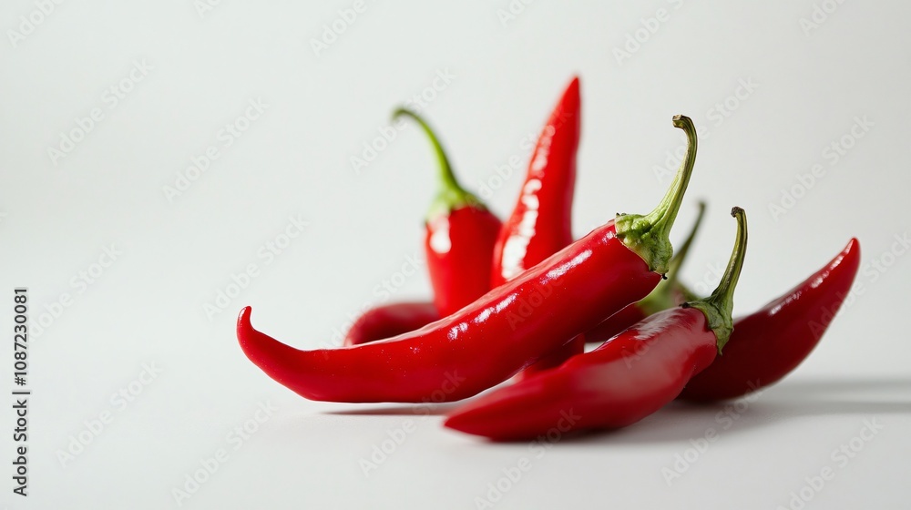 A vibrant close-up of several fresh red chili peppers against a simple white background, capturing their fiery essence and culinary appeal. A vibrant close-up of several fresh red chili peppers against a simple white background, capturing their fiery essence and culinary appeal.