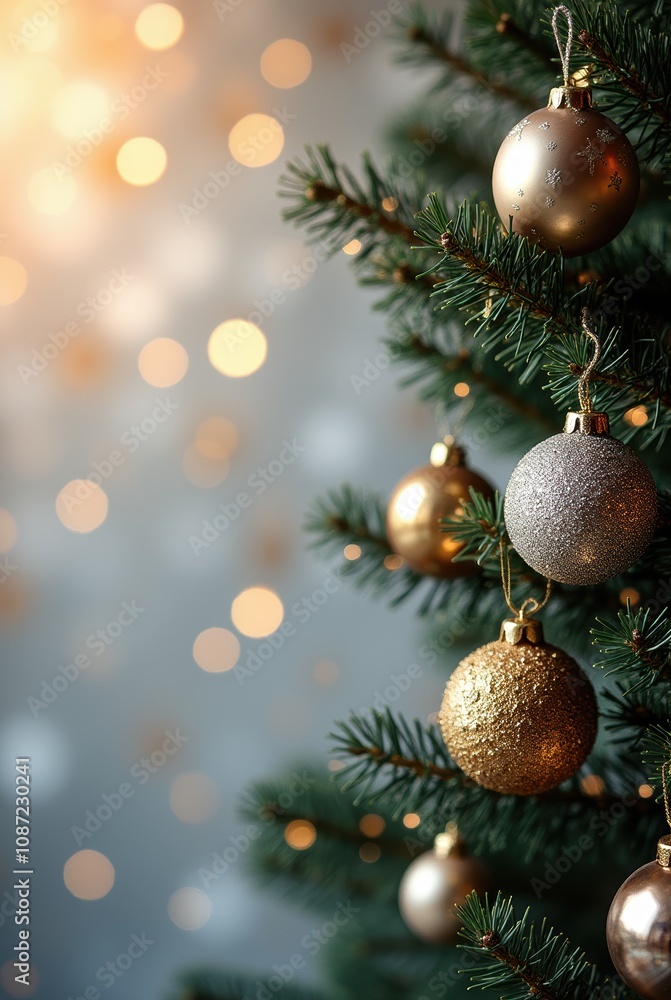 Elegant Christmas Tree Ornaments in Gold Silver on Green Branches Elegant Christmas Tree Ornaments in Gold Silver on Green Branches
