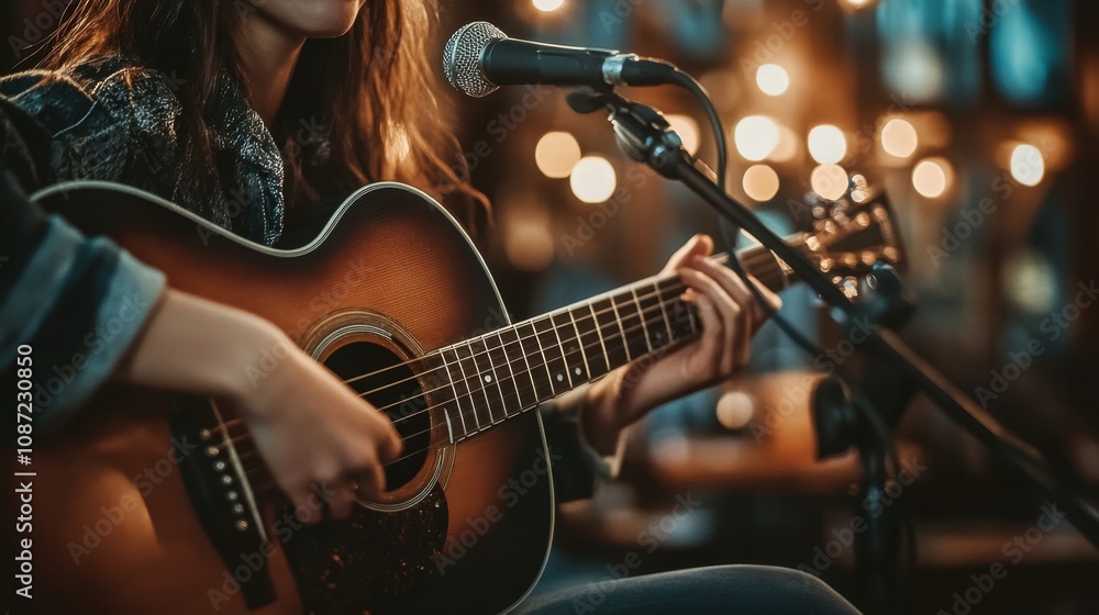 Obraz premium A close-up of a female musician's expressive performance in a warmly lit cafe, with acoustic guitar and microphone.