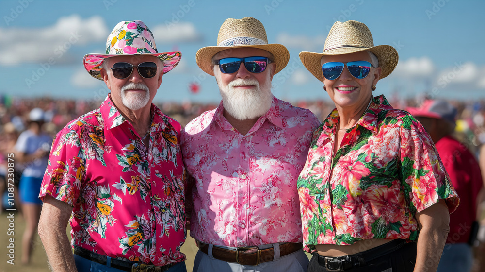 LGBTQ elders celebrating at pride parade, wearing vibrant floral shirts and hats, exuding joy and community spirit LGBTQ elders celebrating at pride parade, wearing vibrant floral shirts and hats, exuding joy and community spirit