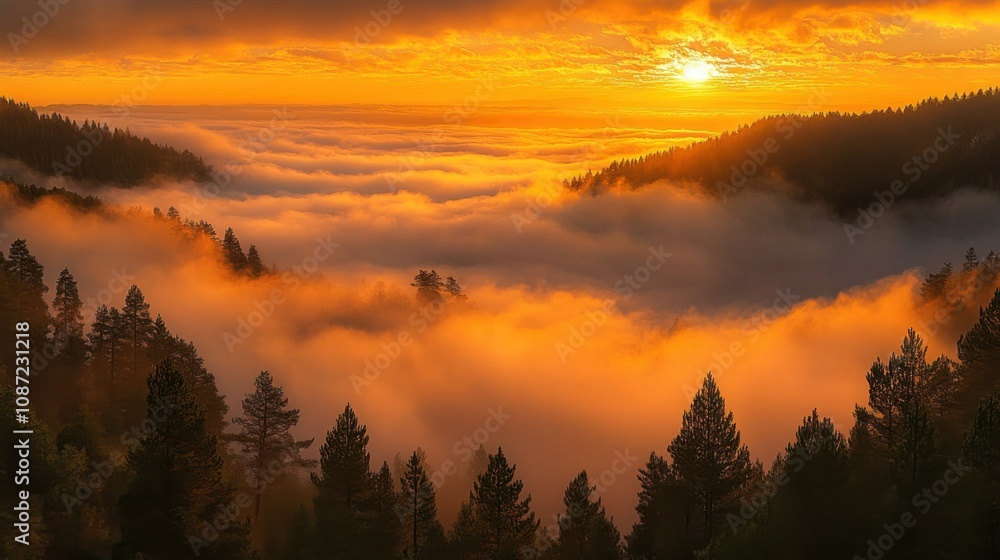 Sunset over misty mountains creating a golden glow in a tranquil wilderness landscape Sunset over misty mountains creating a golden glow in a tranquil wilderness landscape