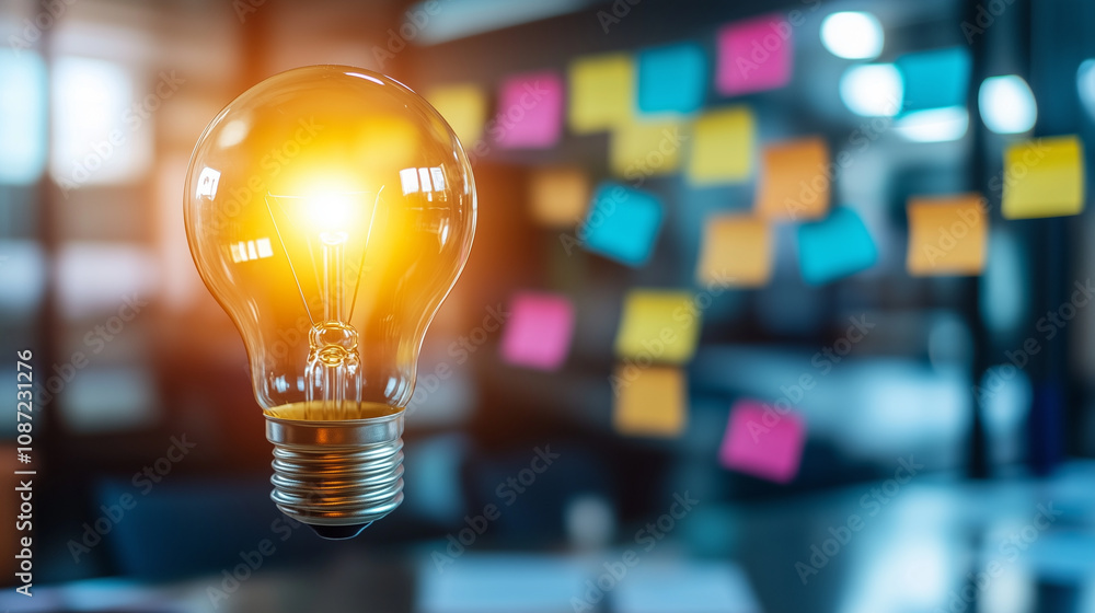 A big, yellow light bulb is surrounded by colorful sticky notes filled with scribbles and ideas, each note adding a splash of creativity to the brainstorming session. A big, yellow light bulb is surrounded by colorful sticky notes filled with scribbles and ideas, each note adding a splash of creativity to the brainstorming session.