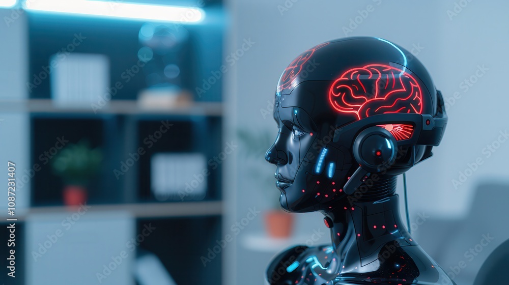 Neurotechnology and Brain-Computer Interfaces. Robot head with glowing brain design Neurotechnology and Brain-Computer Interfaces. Robot head with glowing brain design