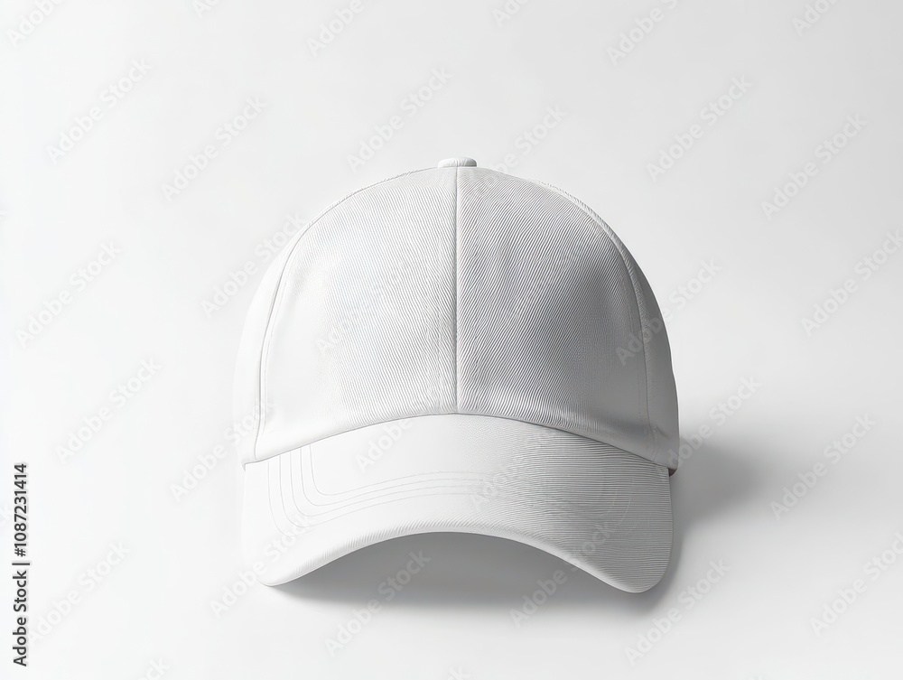 mockup of a stylish white baseball cap positioned centrally against a clean white background, allowing for focus on its sleek design and potential branding opportunities mockup of a stylish white baseball cap positioned centrally against a clean white background, allowing for focus on its sleek design and potential branding opportunities