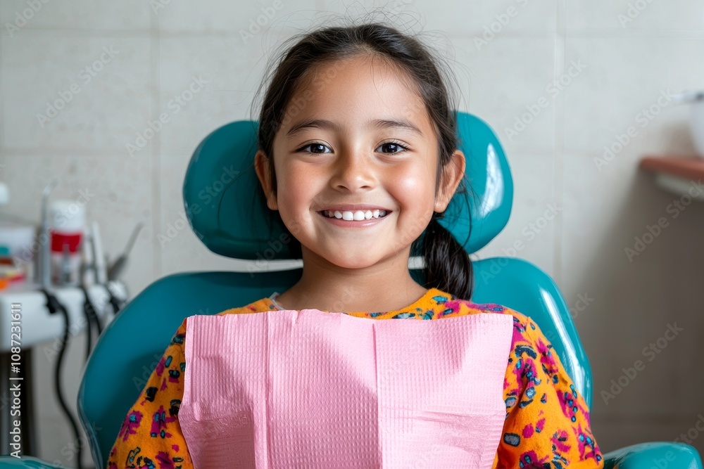 Dental check-up teeth cleaning smile maintenance concept. Cheerful girl at the dentist with a pink bib. Dental check-up teeth cleaning smile maintenance concept. Cheerful girl at the dentist with a pink bib.
