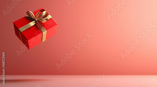 A bright red gift box with a golden ribbon hovers just above an empty box on a soft pink background, with shadows creating a magical, floating effect.