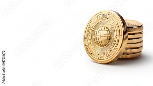 Golden coins stacked on a white background with detailed design elements representing global finance