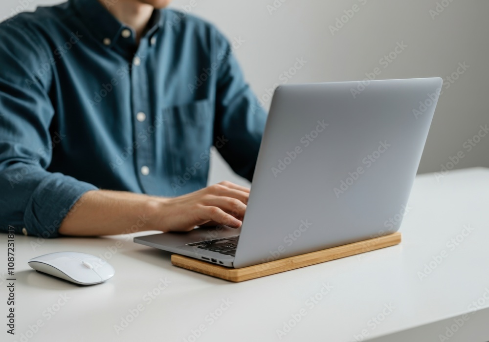 Office worker is typing on laptop keyboard and using wireless mouse at desk Office worker is typing on laptop keyboard and using wireless mouse at desk