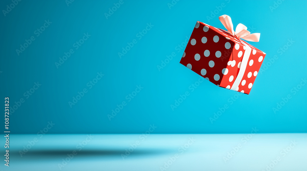 Obraz premium A classic red gift box with white polka dots and a white bow hovers above an empty box on a baby blue background, adding a fun, cheerful vibe.