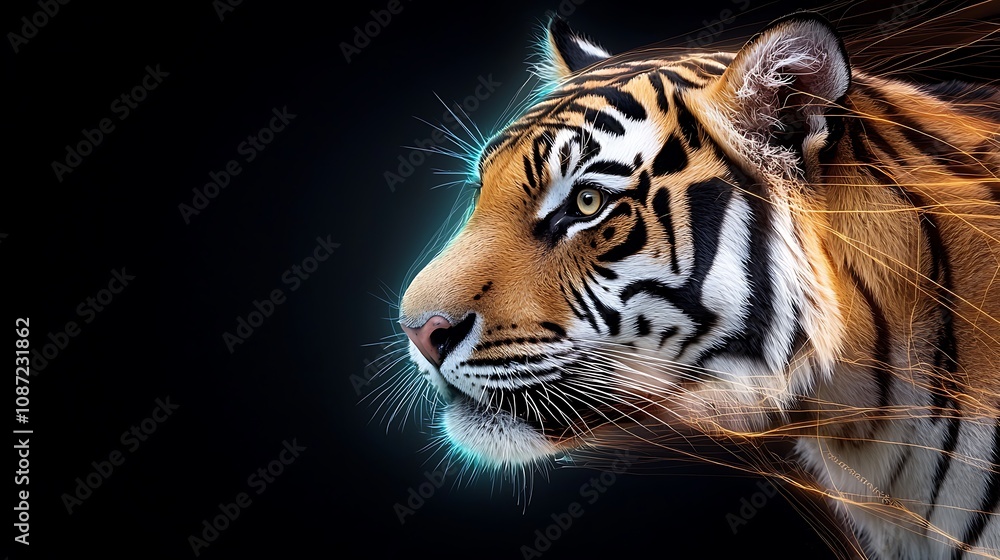 Tiger portrait done in a vibrant, abstract style with neon colors, showcasing the fierce and majestic nature of the animal against a bold black background, reminiscent of pop art aesthetics.