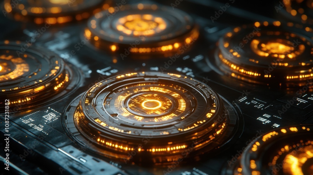 Futuristic technology with glowing circular interfaces in a dark room displaying advanced design Futuristic technology with glowing circular interfaces in a dark room displaying advanced design