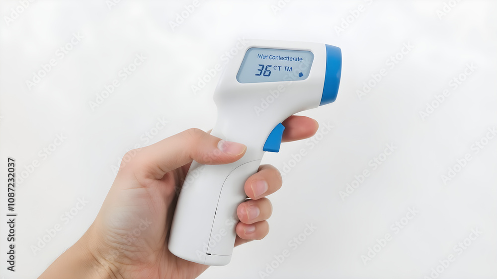 Non-contact thermometer, white-blue infrared thermometer, held in the user's hand, Non-contact thermometer, white-blue infrared thermometer, held in the user's hand,