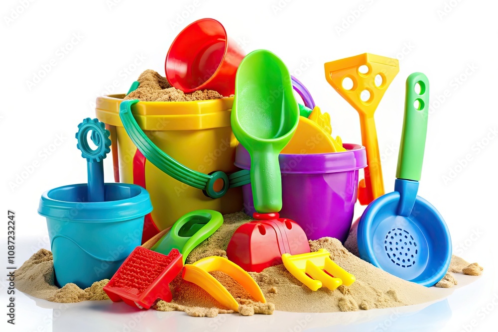 Bright Sandbox Toys Isolated on White Background for Children's Play and Learning Activities Bright Sandbox Toys Isolated on White Background for Children's Play and Learning Activities