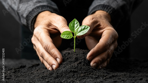 Close-up of hands gently cupping fertile soil with a small green plant seedling growing, symbolizing growth and nurturing in a natural environment.