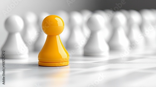 Yellow Chess Pawn Standing Out Among White Pieces: Leadership Concept photo