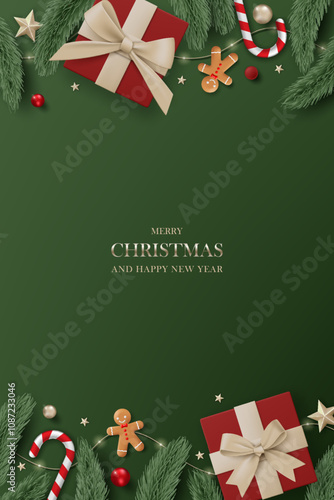 3D Merry Christmas luxury banner top view green background. Happy new year holiday realistic greeting card with gold gift box, decoration, red ball, pine leaves, lights garland and green tree branches