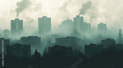 A hazy city skyline with visible smog, illustrating air pollution and its impact on urban living and the environment.