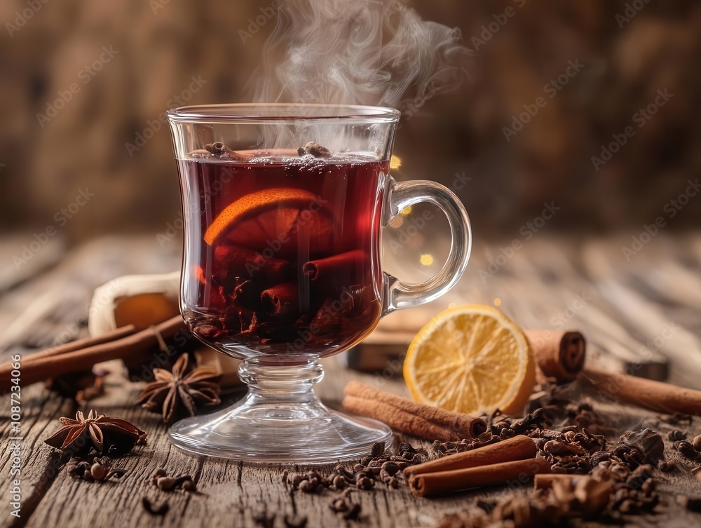 mulled wine steaming in an elegantly crafted glass, nestled amongst winter spices like cinnamon and cloves, set against a rustic wooden background that exudes warmth and comfort mulled wine steaming in an elegantly crafted glass, nestled amongst winter spices like cinnamon and cloves, set against a rustic wooden background that exudes warmth and comfort