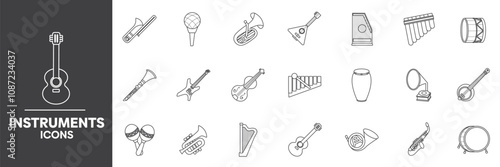 Instruments Icons Set, Containing All Instruments Icons Outlines, Vector Illustration Collection Editable eps10