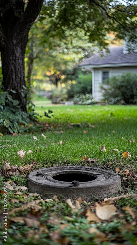 Close-up of a Circular Concrete Cover in a Green Lawn Close-up of a Circular Concrete Cover in a Green Lawn