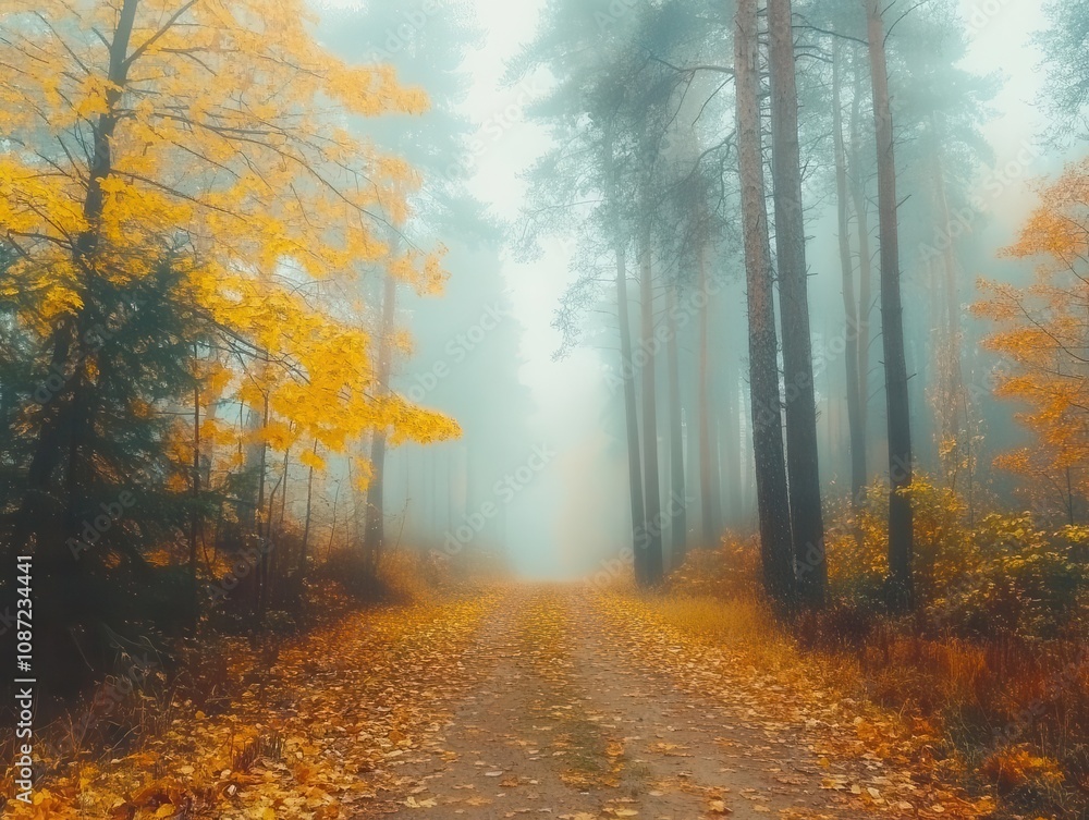 Fototapeta premium mysterious autumn forest with dense fog, golden leaves on the ground, tall trees with colorful foliage, and a soft, ethereal light
