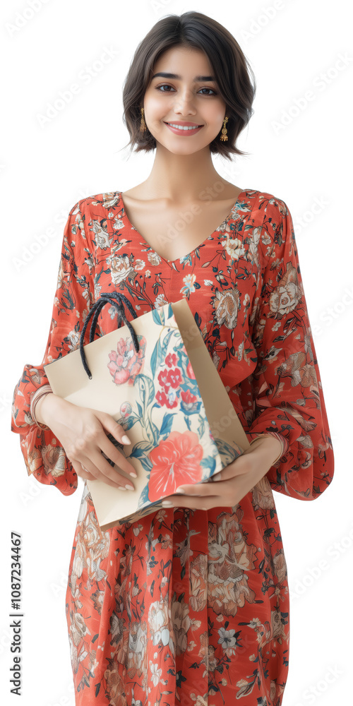 Modern Young Indian Woman in Floral Kimono Dress Holding a Shopping Bag, Happy Female Shopper, Isolated, Transparent Background, Modern Young Indian Woman in Floral Kimono Dress Holding a Shopping Bag, Happy Female Shopper, Isolated, Transparent Background,