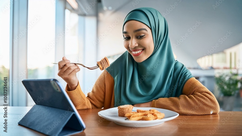 Hijab girl multitasking by eating snack with fork and using smartphone
Hijab girl multitasking by eating snack with fork and using smartphone