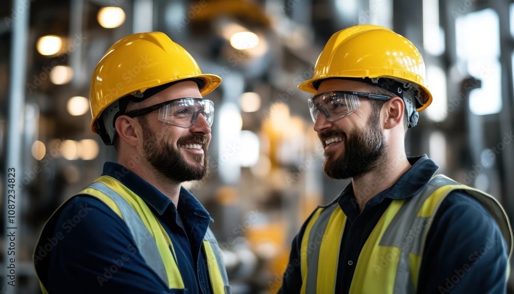 Two Australian engineers in safety gear share a joyful moment in an industrial setting, highlighting teamwork and collaboration in the workplace. Two Australian engineers in safety gear share a joyful moment in an industrial setting, highlighting teamwork and collaboration in the workplace.