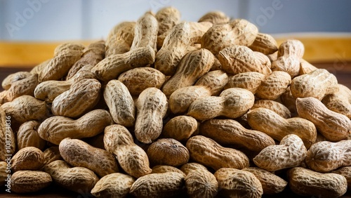 Heap of unshelled peanuts arranged in a large pile on surface  
