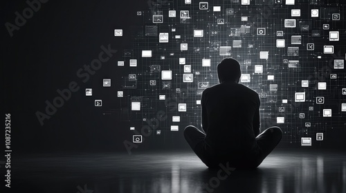 Contemplative Individual Surrounded by Digital Icons Representing Technology, Communication, and Information Systems in a Modern and Abstract Environment