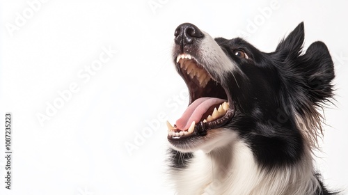Expressive Border Collie Dog Portrait: Border Collie's Playful Yawn on White Backdrop
