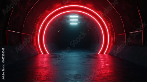 A futuristic, red-lit tunnel extends into the darkness, offering a sci-fi inspired view that evokes feelings of mystery, discovery, and anticipation of new worlds. photo