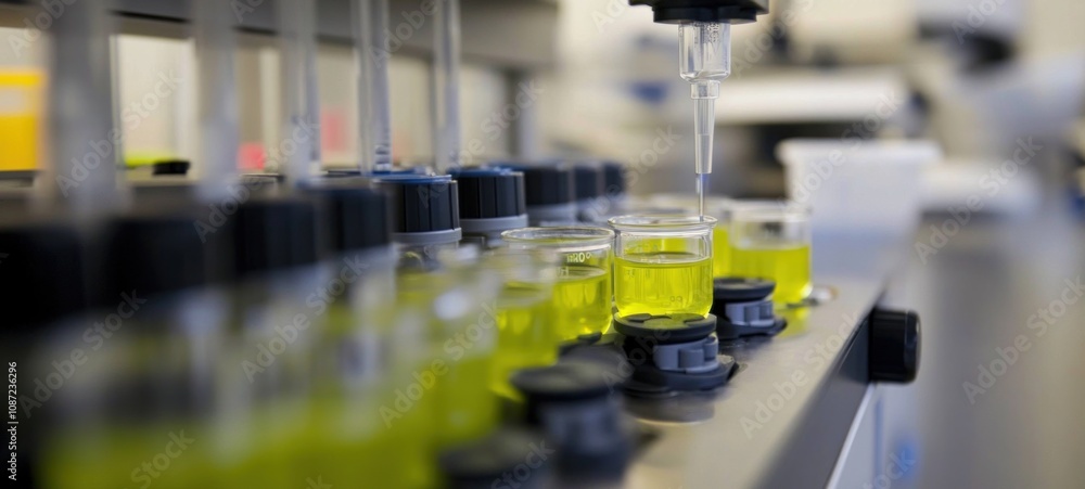 Obraz premium Scientific Experiment: Precise Liquid Dispensing in a Modern Laboratory