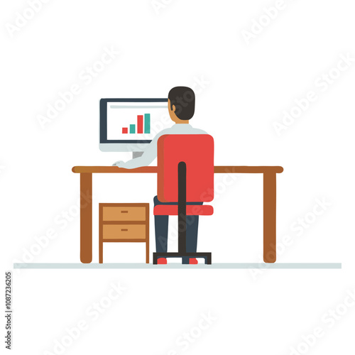 Business Person Working on Computer Vector Illustration with Office Desk. photo