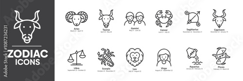 Zodiac Signs Icons Set, Containing All Zodiac Signs Icons Outlines, Vector Illustration Collection Editable eps10