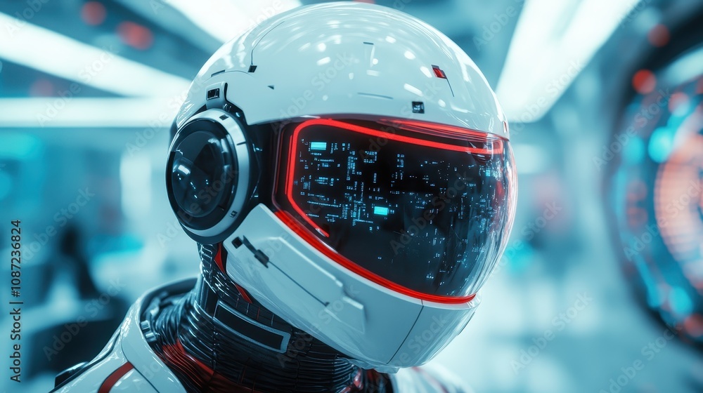 A high-tech, white helmet featuring a red, circuit-like visor displays advanced design, symbolizing cutting-edge technology and modern fashion aesthetics. A high-tech, white helmet featuring a red, circuit-like visor displays advanced design, symbolizing cutting-edge technology and modern fashion aesthetics.