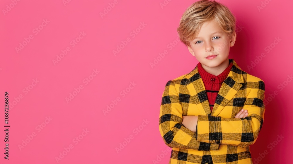 A young boy stands confidently with arms crossed, wearing a bold yellow checkered jacket, exuding playful charm against a vivid pink backdrop. A young boy stands confidently with arms crossed, wearing a bold yellow checkered jacket, exuding playful charm against a vivid pink backdrop.